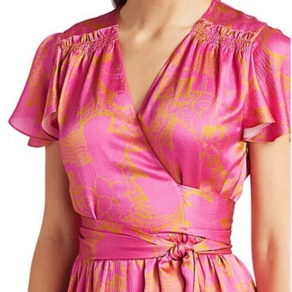Tanya Taylor Paris Hammered Silk Wrap Dress in Ikat Flower Pink $545 - Picture 11 of 12